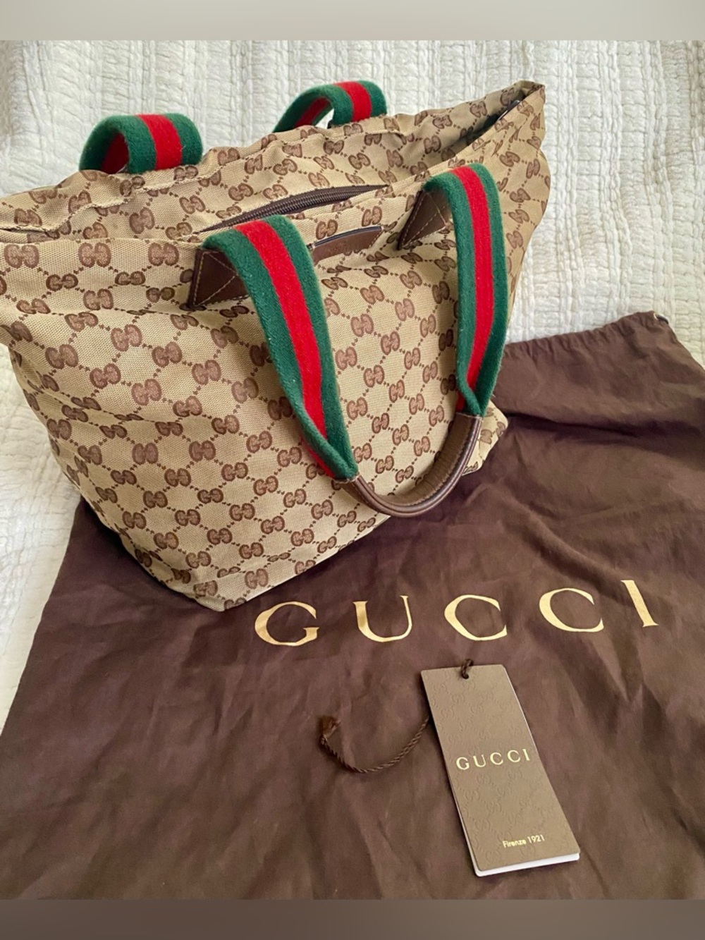 Gucci GG Supreme Canvas Tote Bag Web Stripe Handles Beige Brown - Picture 14 of 15